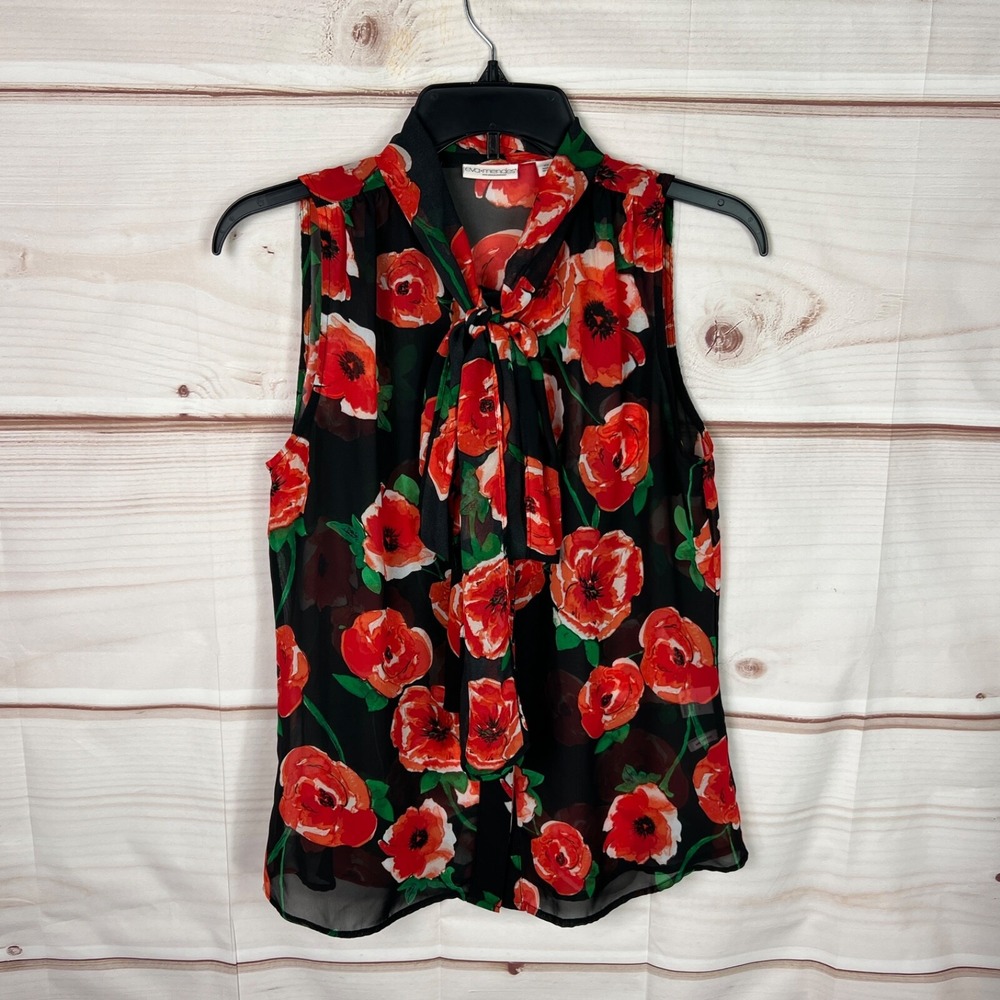 Eva Mendes Top Womens XS Black Red Floral Blouse Button Up Sheer Tie Neck Woven